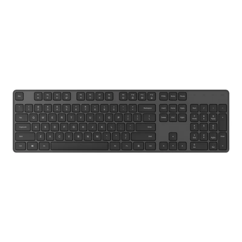 A straight top-down hero shot focusing on the full layout of the keyboard included in the Xiaomi Wireless Keyboard & Mouse Combo in Black
