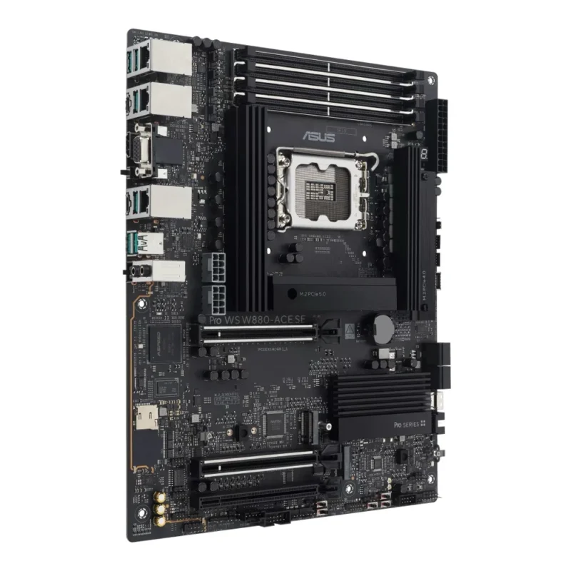 Angled view of the ASUS Pro WS W880-ACE SE ATX workstation motherboard, highlighting its professional black design.