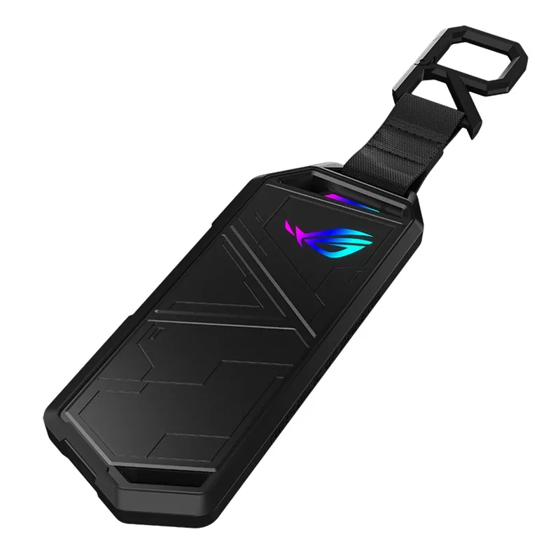A top-down view of the ASUS ROG Strix Arion Enclosure oriented vertically, showing its slim design.