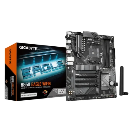 The GIGABYTE B550 EAGLE WIFI6 motherboard displayed next to its distinctive retail packaging.