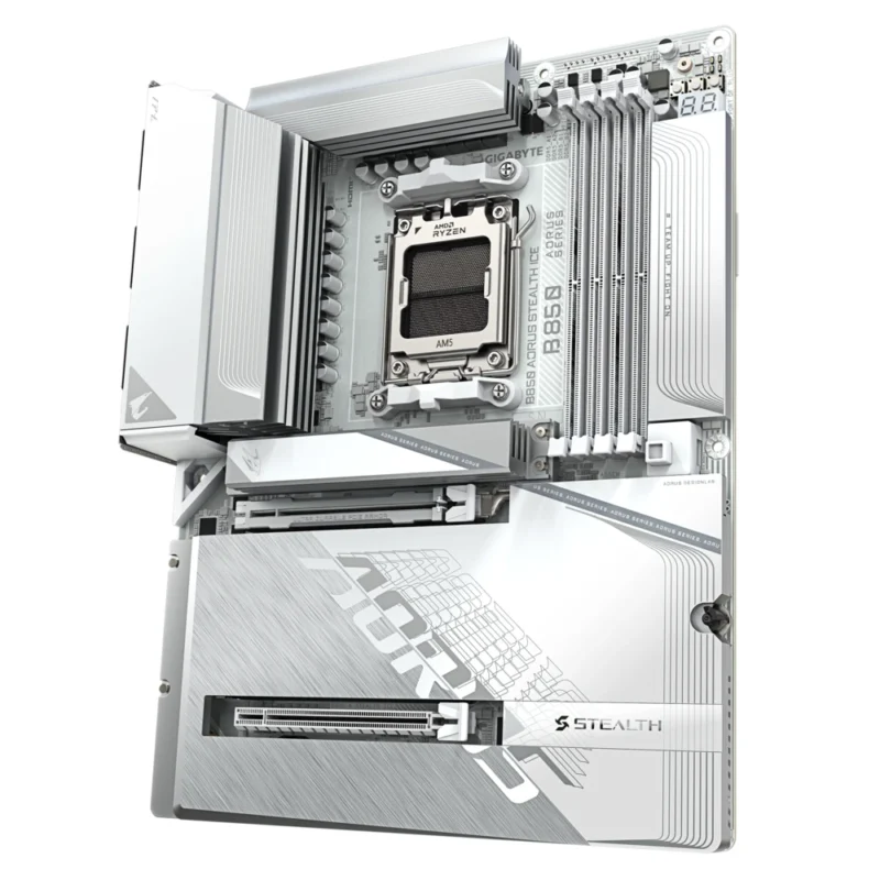 A profile shot showcasing the massive VRM heatsinks and the solid UD Base Plate.