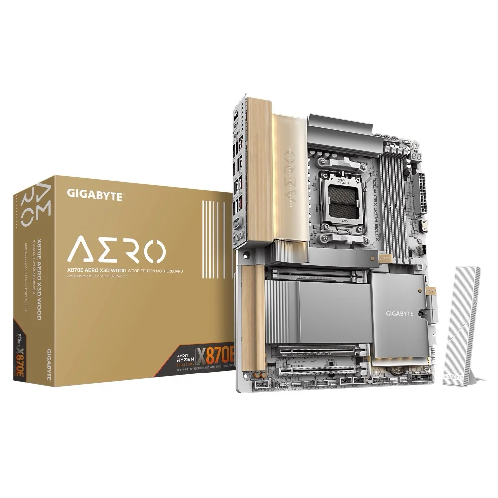 The GIGABYTE X870E AERO X3D WOOD motherboard displayed next to its elegant retail packaging.