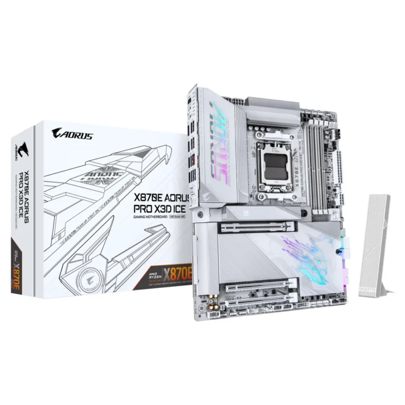 The GIGABYTE X870E AORUS PRO X3D ICE motherboard displayed next to its premium white ICE retail packaging.