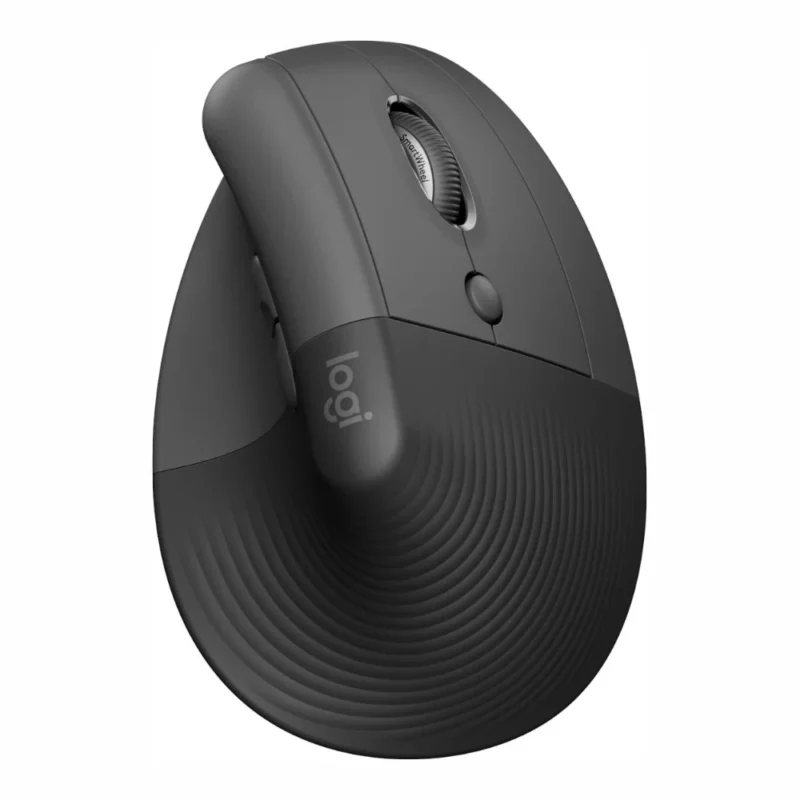 logitech-lift-vertical-ergonomic-mouse-graphite-910-006473-top-view-06 A top-down view of the Logitech Lift vertical mouse, revealing the ergonomic curve and the dedicated DPI cycle button behind the scroll wheel.