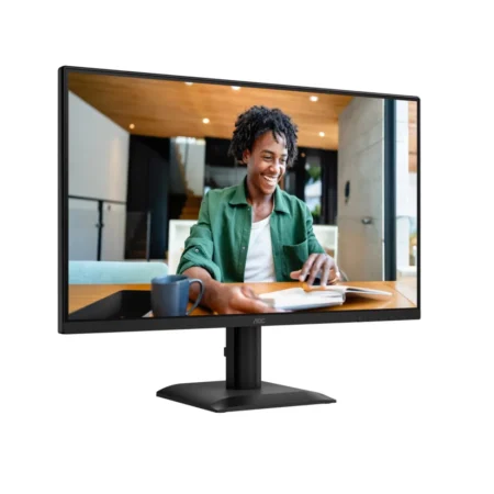 Left-angle perspective of the AOC 24E40L, highlighting its ultra-narrow 4-sided bezel-less design and simple stand.