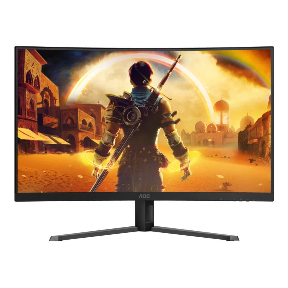 Front view of the AOC C32G42ZE monitor, showcasing its massive 31.5-inch 1500R curved screen.