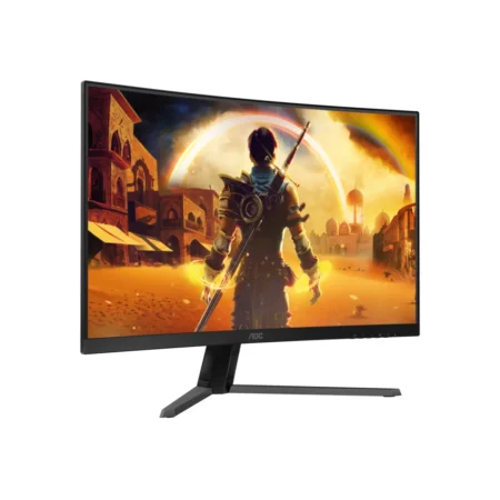 Left-angle perspective of the AOC C32G42ZE, highlighting its 3-sided frameless design and deep curvature.