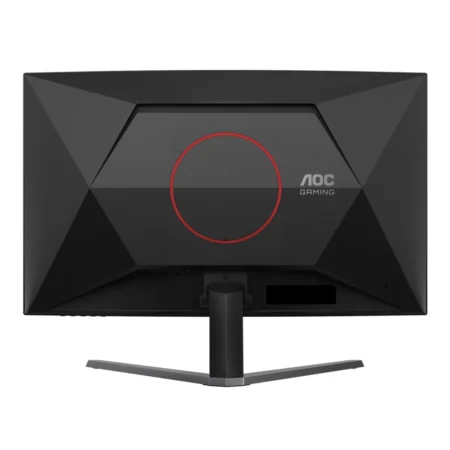 Straight-on rear view of the AOC C32G42ZE, showing its aggressive black and red cabinet styling and 100x100mm VESA mount.