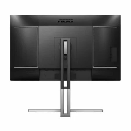 Straight-on rear view of the AOC U27U3XD, showing its premium back cabinet, AOC logo, and 100x100mm VESA mount plate.