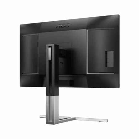 Angled view from the rear-right of the AOC U27U3XD, providing a clear look at the robust stand mechanism and cable management slot.