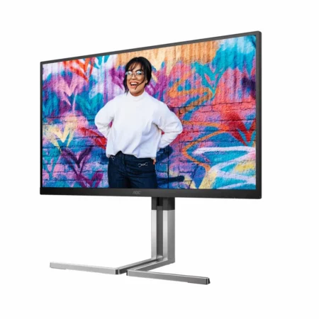 Right-angle perspective of the AOC U27U3XD monitor, displaying its sleek Black and Grey professional profile.
