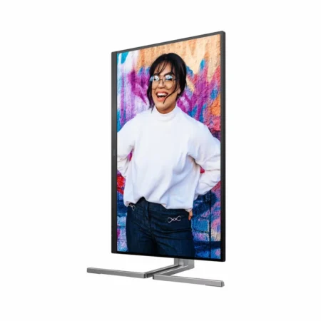 Right-angle perspective in portrait mode of the AOC U27U3XD monitor, displaying its sleek Black and Grey professional profile.