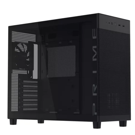 Another front angle view of the ASUS Prime AP303 in black, at a sharper angle showing its compact 44L footprint.