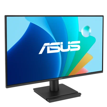Left-angle perspective of the ASUS VA249HG, highlighting its minimal bezel design and sturdy tilt-adjustable stand.