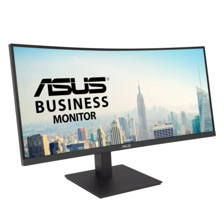 Left-angle perspective of the ASUS VA34VCPSR, highlighting its frameless design and highly adjustable ergonomic stand.