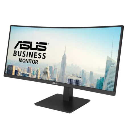 Right-angle perspective of the ASUS VA34VCPSR 100Hz monitor, displaying its sleek, modern professional profile.