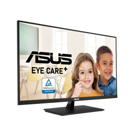 Left-angle perspective of the ASUS VP327Q, highlighting its frameless design and sturdy tilt-adjustable stand.