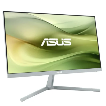 Left-angle perspective of the ASUS VU279CFE-G, highlighting its sleek profile and stylish Green Grey colorway.