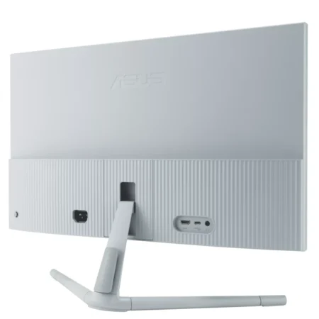 Angled view from the rear-right of the ASUS VU279CFE-G, providing a clear look at the screw-adjustable height mechanism on the stand.