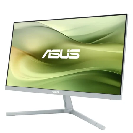 Right-angle perspective of the ASUS VU279CFE-G 100Hz monitor, displaying its modern, space-saving desktop footprint.