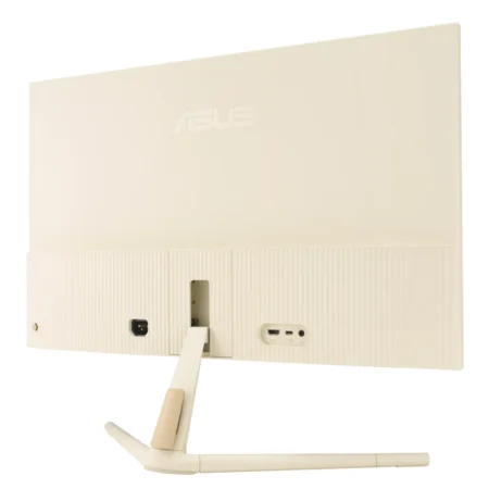 Angled view from the rear-right of the ASUS VU279CFE-M, providing a clear look at the screw-adjustable height mechanism on the stand.