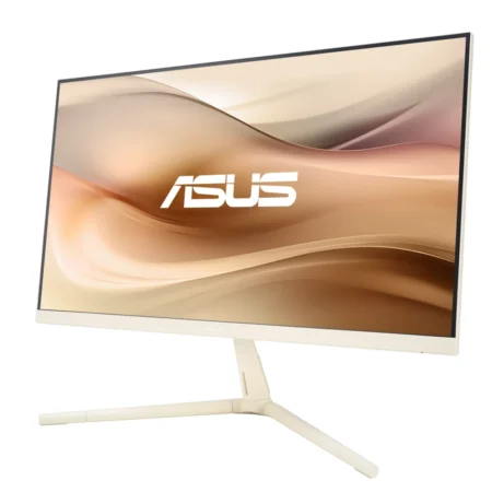 Right-angle perspective of the ASUS VU279CFE-M 100Hz monitor, displaying its modern, space-saving desktop footprint.