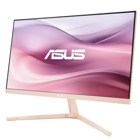 Right-angle perspective of the ASUS VU279CFE-P 100Hz monitor, displaying its modern, space-saving desktop footprint.