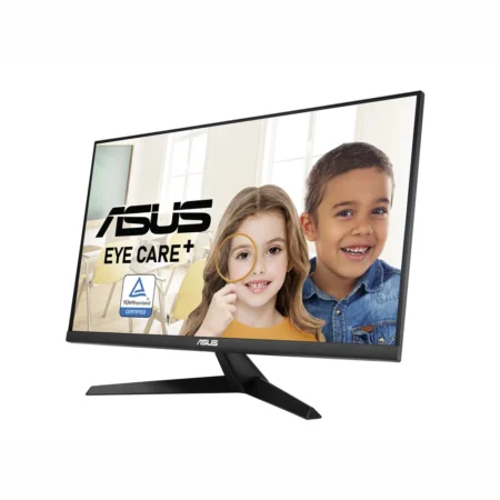 Right-angle perspective of the ASUS VY27UQ 4K monitor, displaying its sleek, modern profile perfect for home offices.