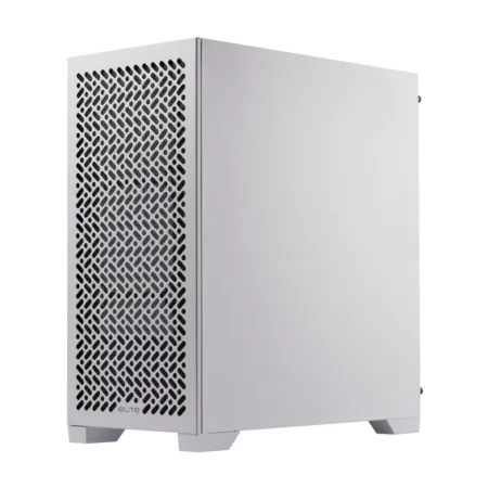 Another front angle view of the Cooler Master Elite 302 in white, highlighting the magnetic mesh front panel.