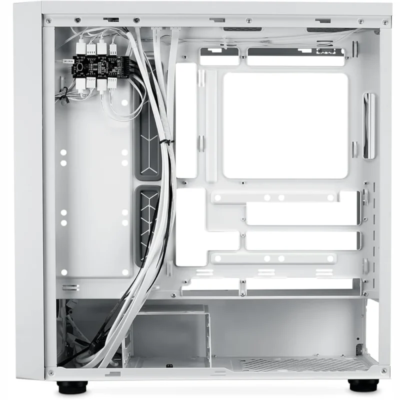 Direct side view of the MasterBox 600 with the solid panel removed, revealing the massive 33-35mm routing space.