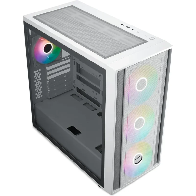 Another front angle view of the Cooler Master MasterBox 600 in white, highlighting the FineMesh front panel.