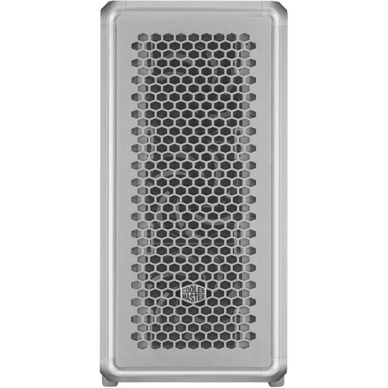 Direct front view of the MasterFrame 600 PC case, showcasing the three 140mm SickleFlow ARGB intake fans.