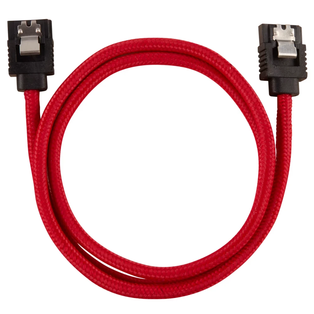 A straight top-down shot of the CORSAIR Premium Sleeved 60cm SATA Data Cable, showcasing its red paracord mesh design and straight connectors.