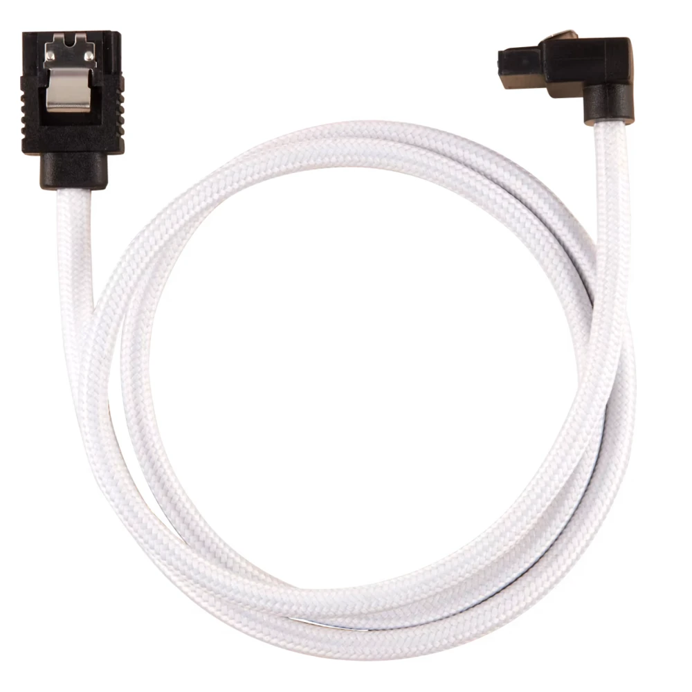 A straight top-down shot of the CORSAIR Premium Sleeved 60cm SATA Data Cable, showcasing its white paracord mesh design and angled connectors.