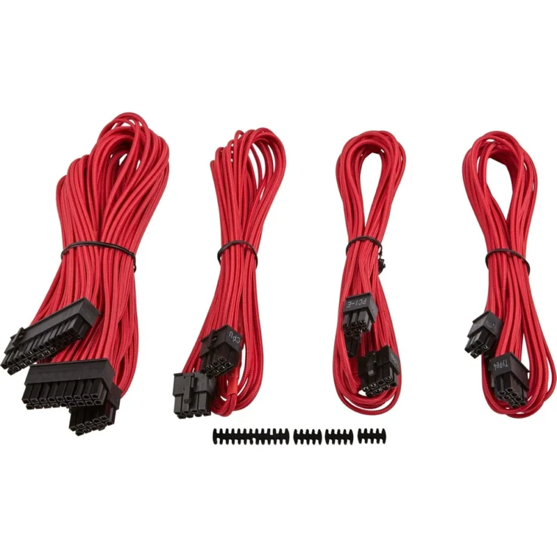 corsair-cp-8920145-type4-starter-kit-red-angle A straight top-down shot displaying all the included red paracord cables, combs, and accessories in the CORSAIR Premium Sleeved Starter Kit.