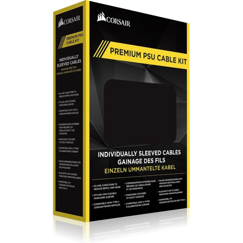 The official retail box and fabric storage bag for the CORSAIR Premium Sleeved Starter Kit PSU Cable Set.