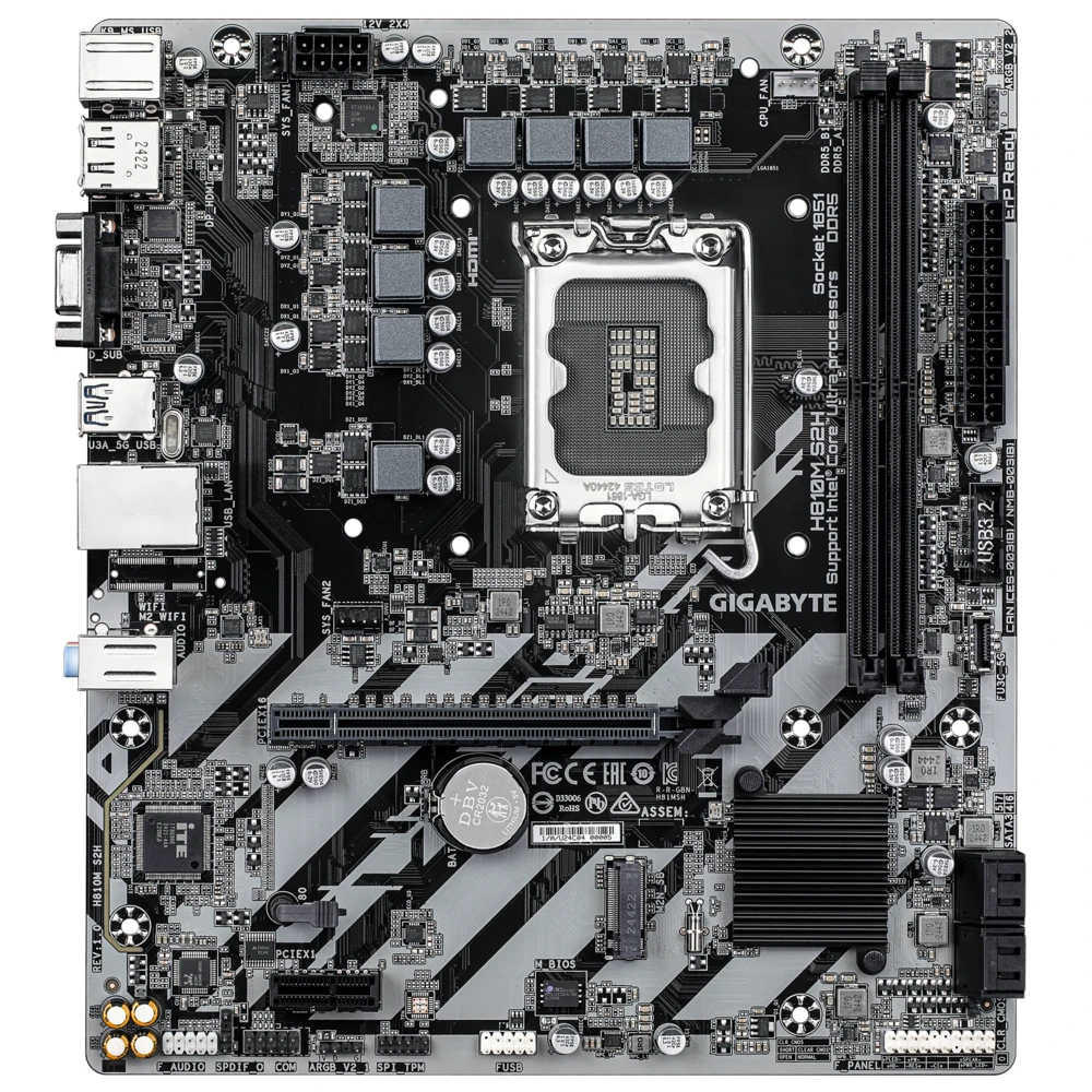 Full board layout of the H810M S2H showing PCIe expansion slots and internal headers.
