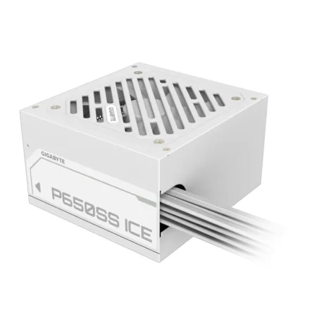 Angled shot of the white GIGABYTE P650SS ICE, displaying the 120mm FDB fan and non-modular cable exit.
