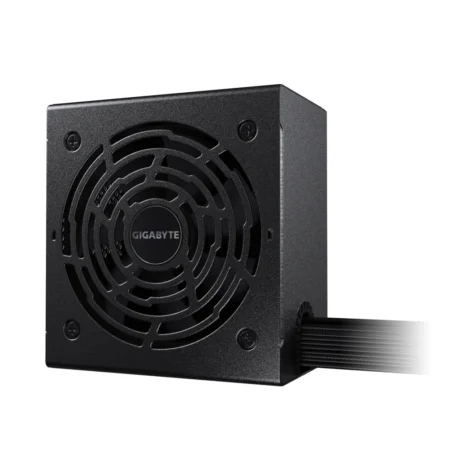 Angled side view of the GIGABYTE P750BS emphasizing its compact 140mm casing.