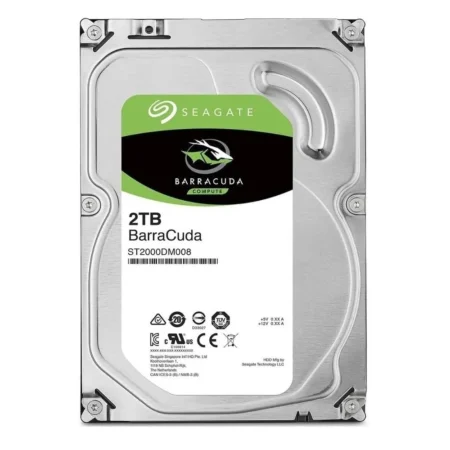 A direct front view of the Seagate BarraCuda 2TB standing upright, showing the full height and label.