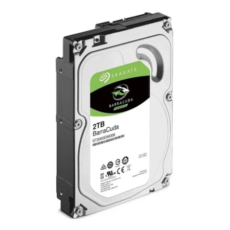 A slightly angled left-facing view of the Seagate BarraCuda 2TB standing upright, displaying the full front product label.