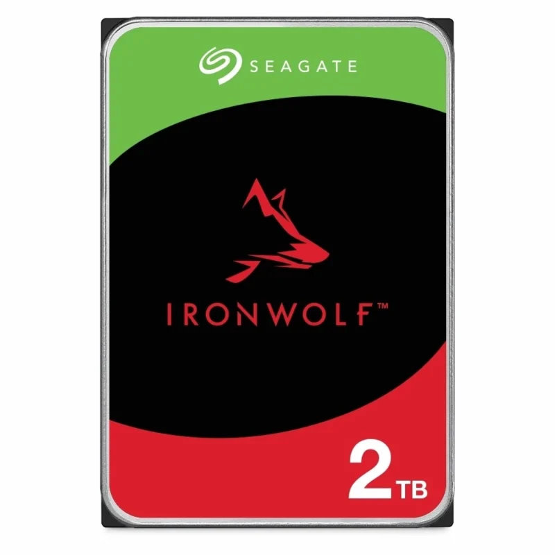 seagate-ironwolf-2tb-st2000vn003-standing-front A direct front view of the Seagate IronWolf 2TB standing upright, showing the full height and label.