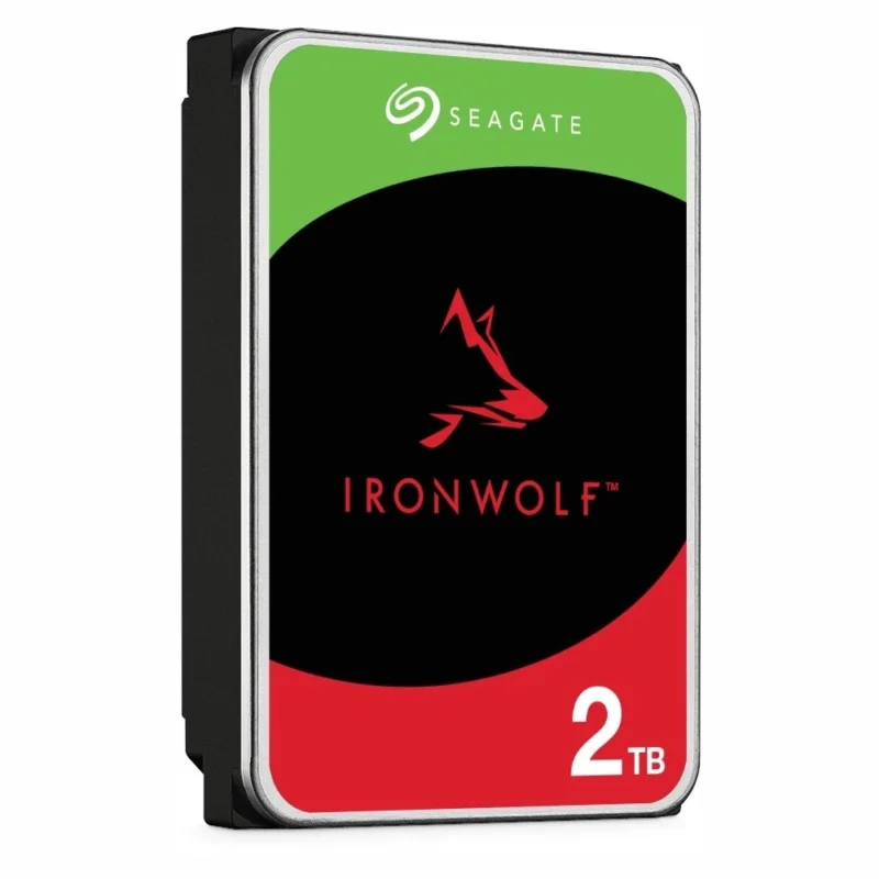 A slightly angled left-facing view of the Seagate IronWolf 2TB standing upright.