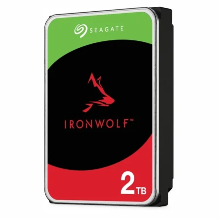 A slightly angled right-facing view of the Seagate IronWolf 2TB standing upright, with the full front label clearly visible.