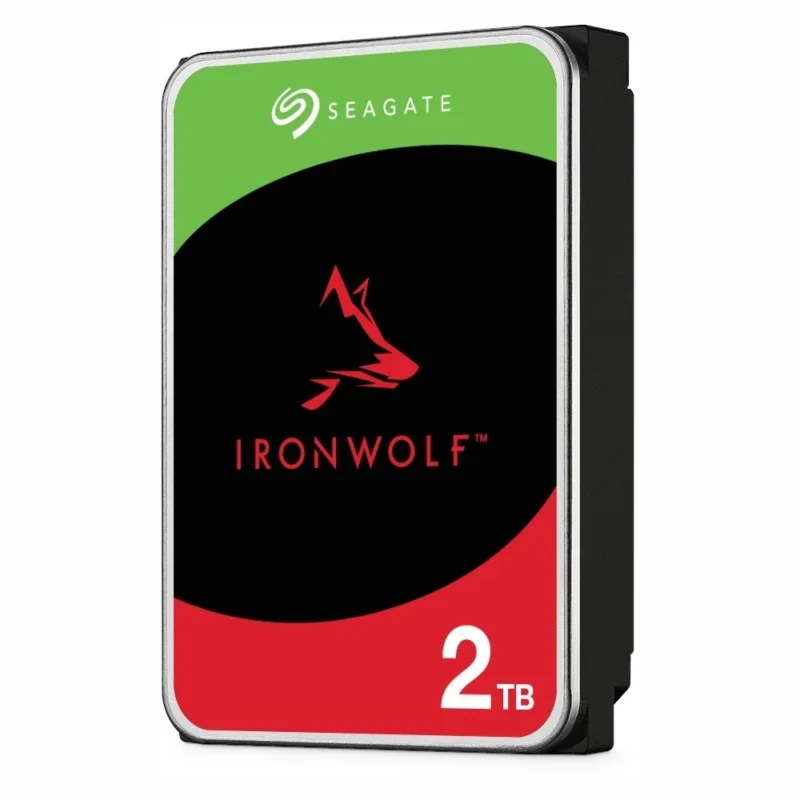 A slightly angled right-facing view of the Seagate IronWolf 2TB standing upright, with the full front label clearly visible.
