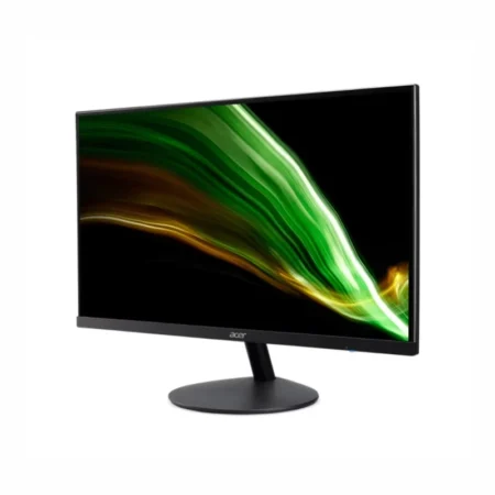 Right angled view of the 27-inch Acer E271 Obi desktop monitor on its oval stand.