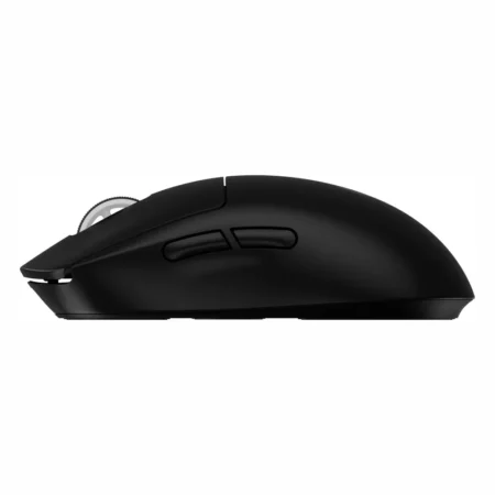 A straight-on view of the left side of the Logitech G PRO X SUPERLIGHT 2, detailing the placement of the highly accessible thumb buttons.