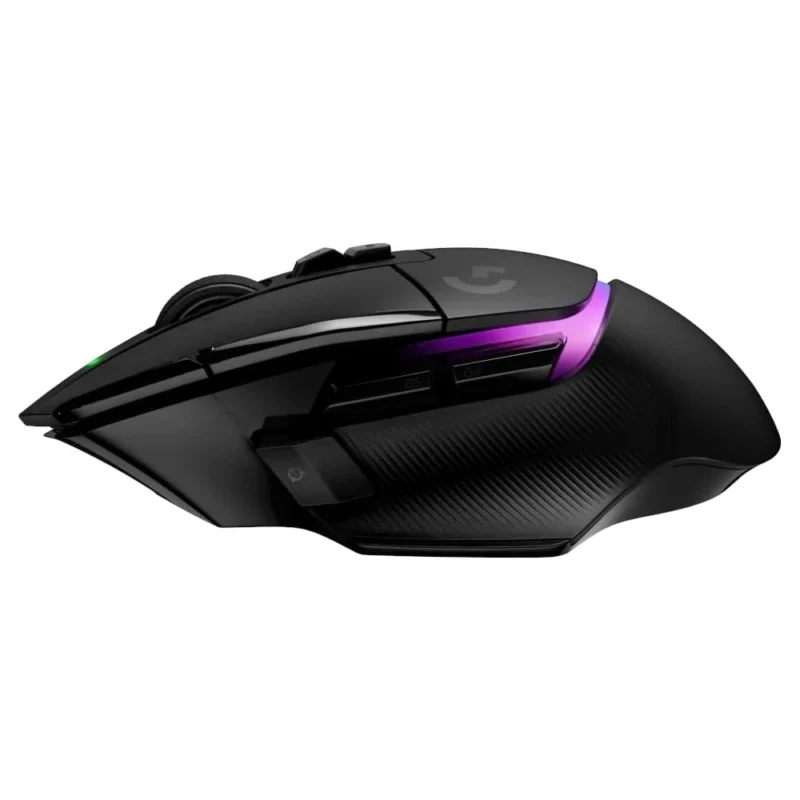 A straight-on view of the left side of the Logitech G502 X PLUS, detailing the placement of the adjustable DPI-Shift paddle and macro buttons.