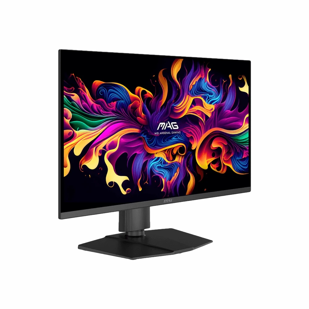 Left angled view of the MSI MAG 273QP QD-OLED X24 gaming monitor showcasing ultra-thin QD-OLED display edges.