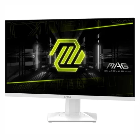 Right angled view of the MSI MAG 274QRFW white monitor mounted on its white ergonomic stand.